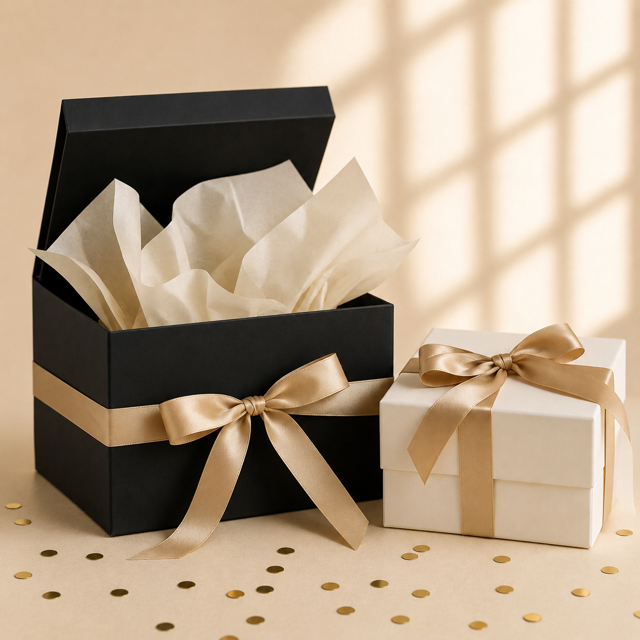 Foil-stamped near-black influencer unboxing box with champagne gold ribbon on a pearl background