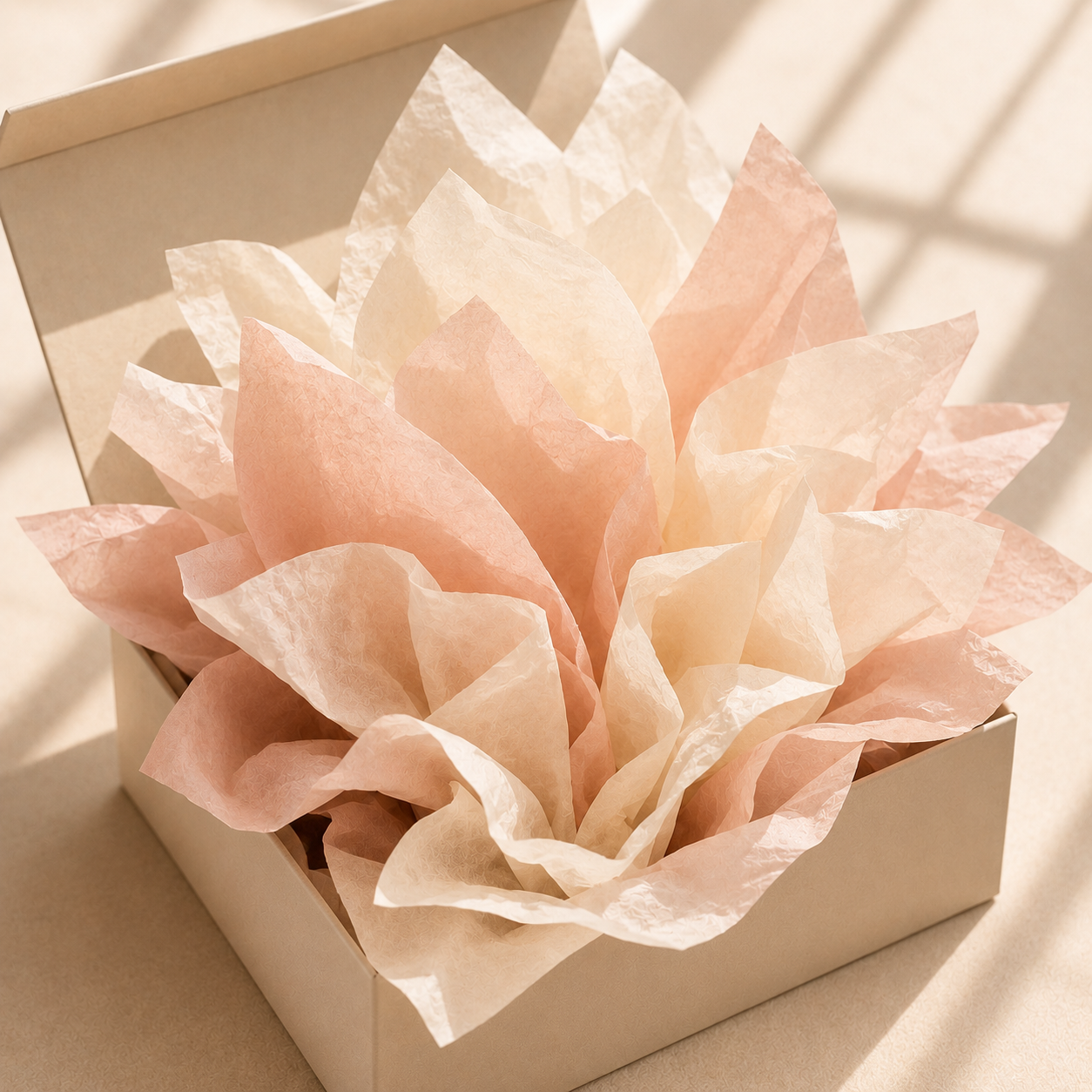 White tissue-lined gift box for influencer unboxing with champagne gold tissue paper reveal