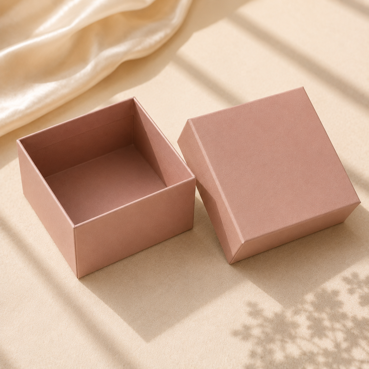 Two-piece rigid lid and base influencer box with separate telescoping gold-foiled lid