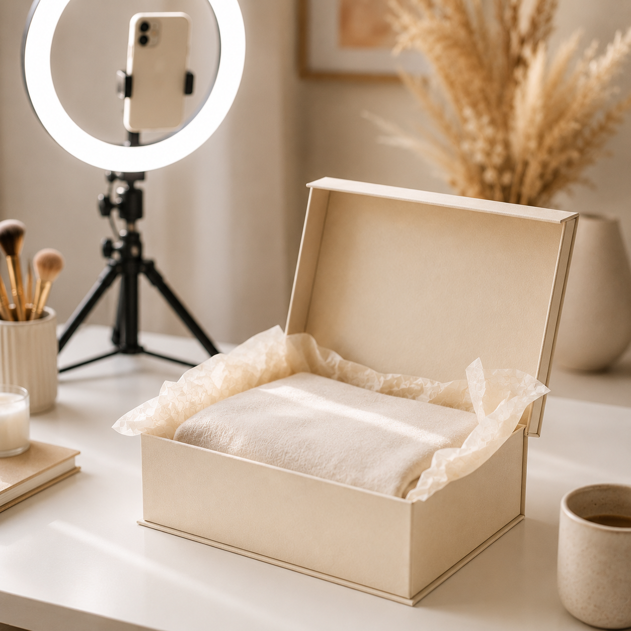 Rigid influencer box with ring light styled for an always-on ambassador seeding program