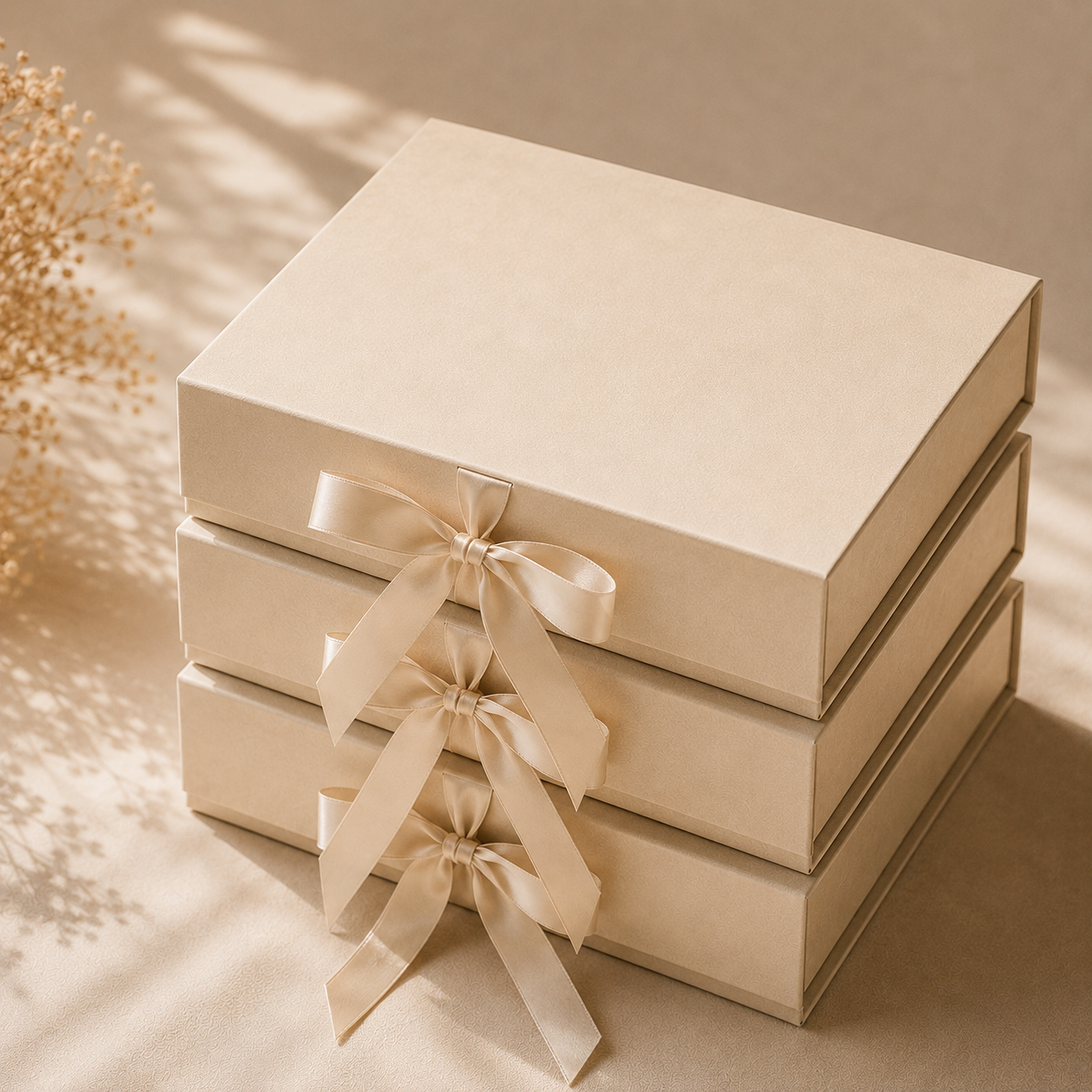 Row of foil-stamped subscription boxes for recurring influencer and customer sends